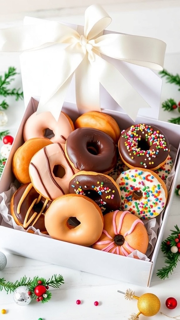 Delicious Donut Gift Box Recipe A gift box filled with assorted homemade donuts, including glazed and chocolate frosted varieties.